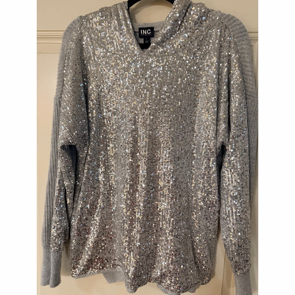 INC International Concepts Silver Sequin V-Neck Pullover - Picture 2 of 7